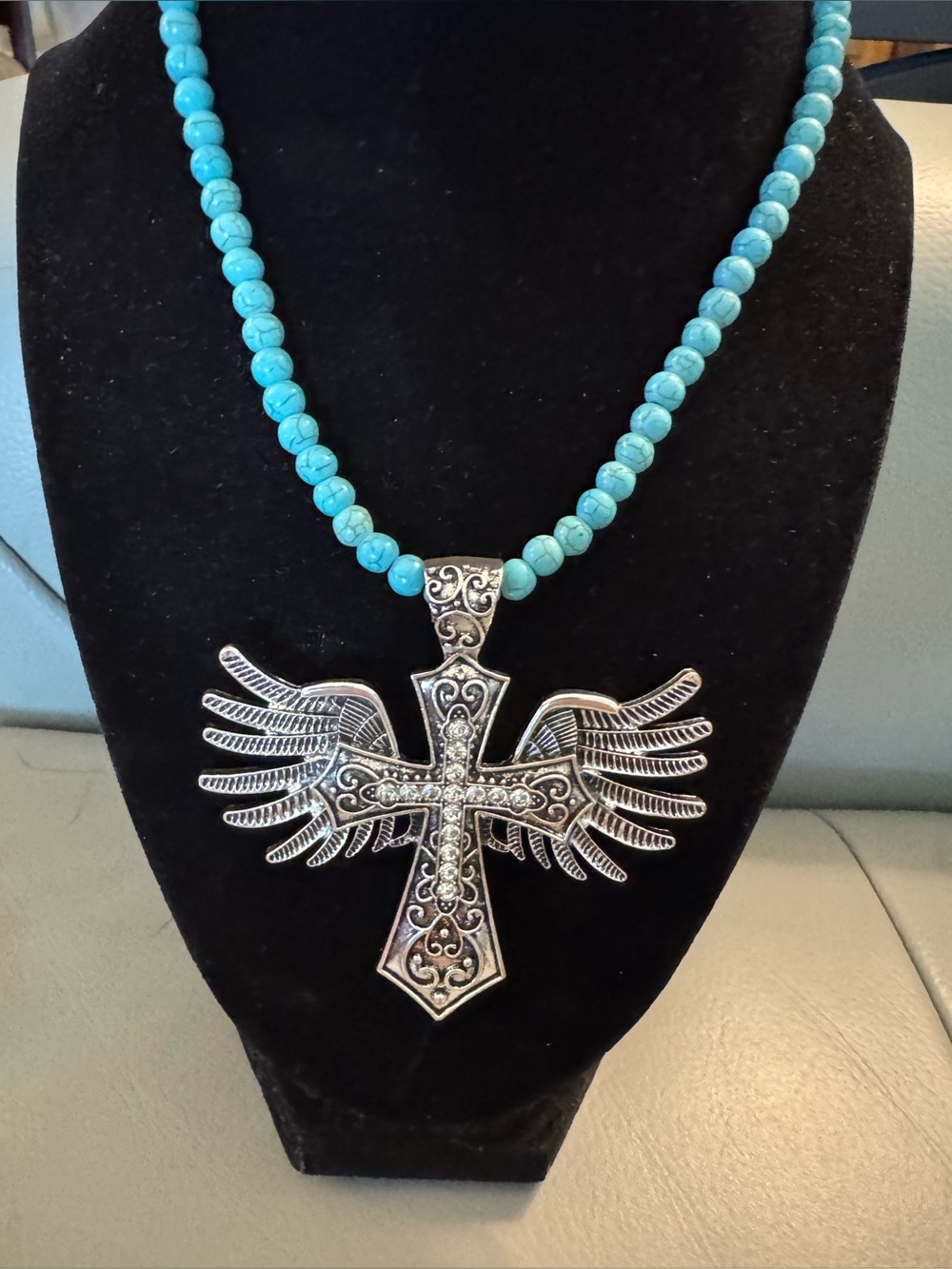 Turquoise Wooden Necklace with Silver Large Winged Cross with Rhinestones